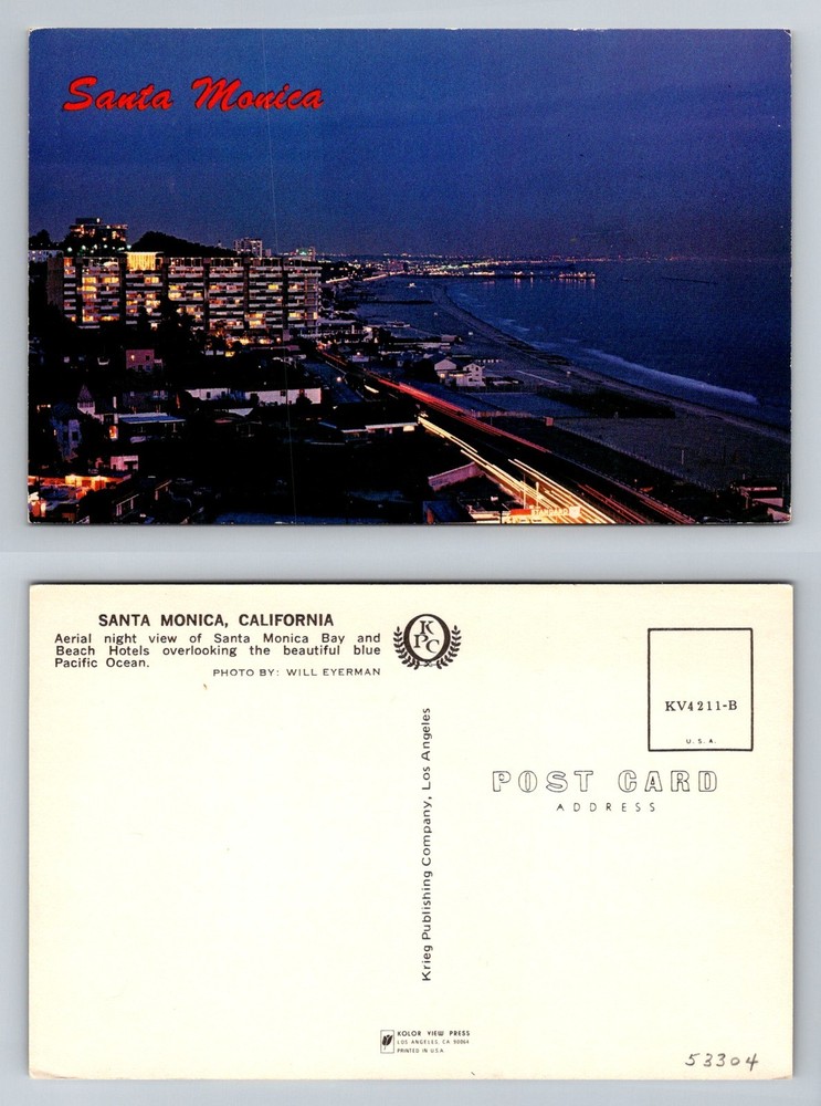 Santa Monica, CA-California, Night Aerial Bay View Beach Hotels Vintage Postcard