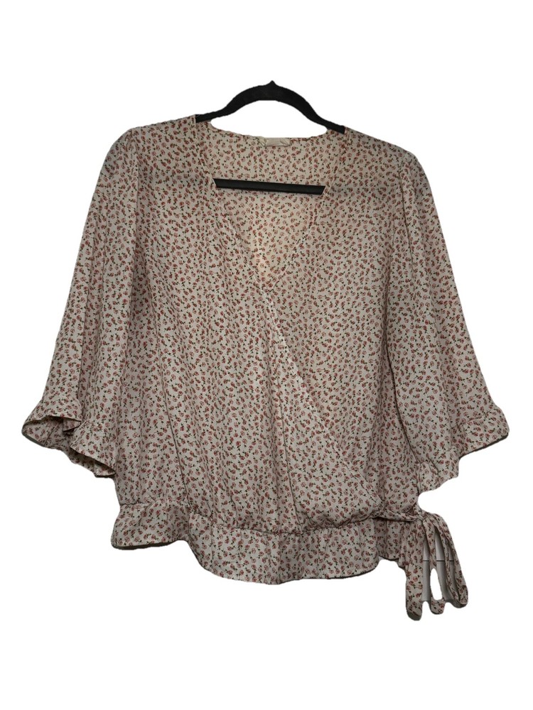 Sienna Sky Floral Faux Wrap Blouse Large L Pink Rose Ruffle Boho Peplum Top