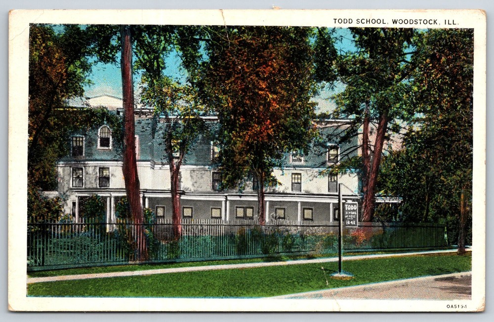 Woodstock Illinois~Todd School Bldg Street View~PM 1936~Curt Teich Vtg Postcard