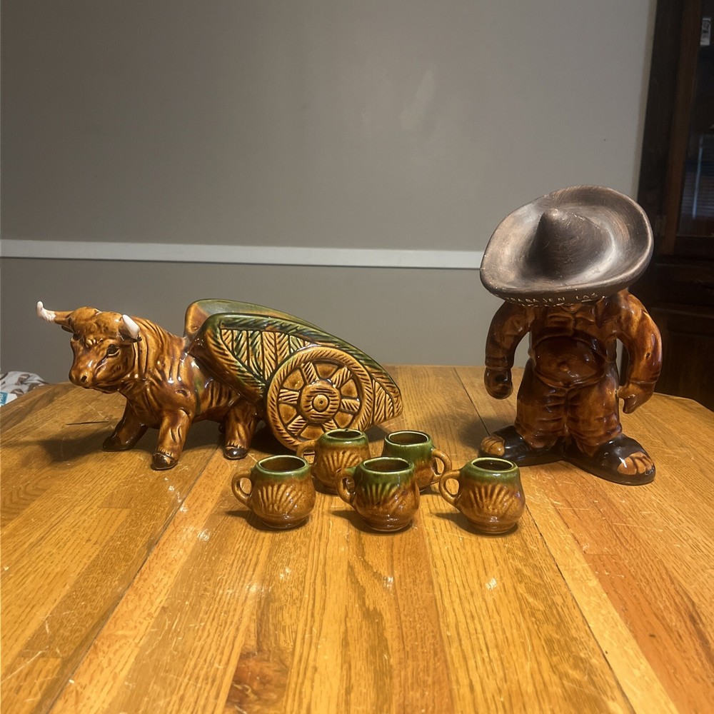 Mexico Bull Pulling Cart Tequila Bottle Holder With 5 Shot Glasses Man Decanter