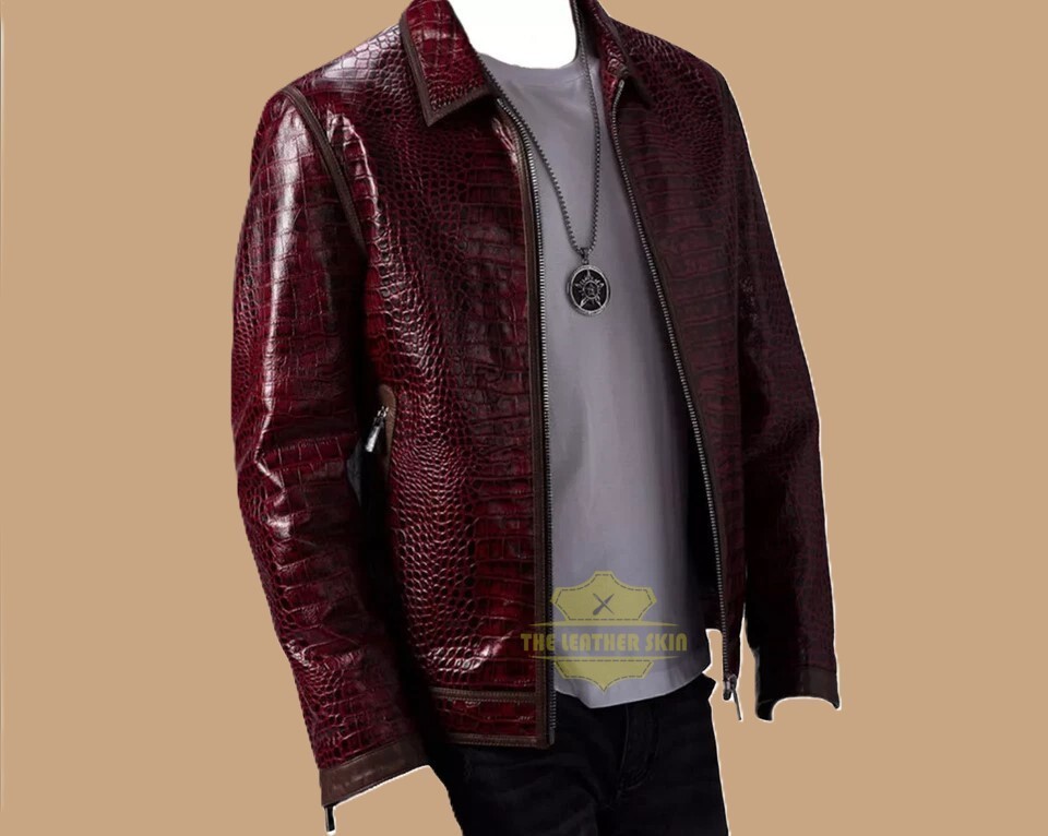 Men's Leather Jacket Burgundy Crocodile Pattern Real Luxury Leather Jacket Coat