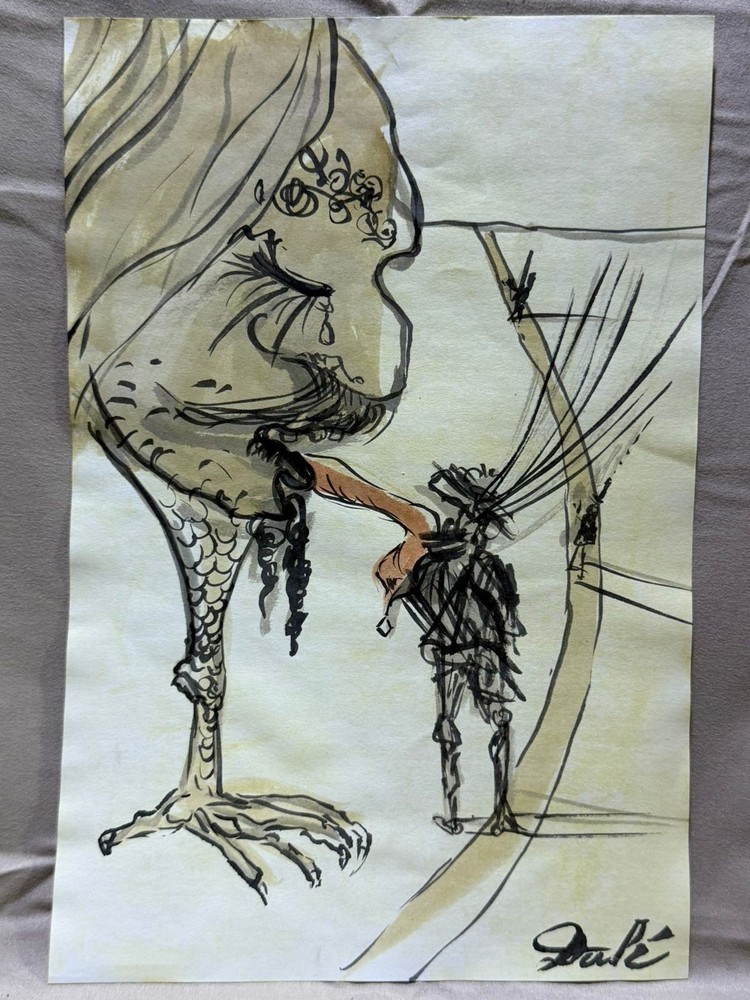 SALVADOR DALI drawing and painting on old paper signed stamped vintage