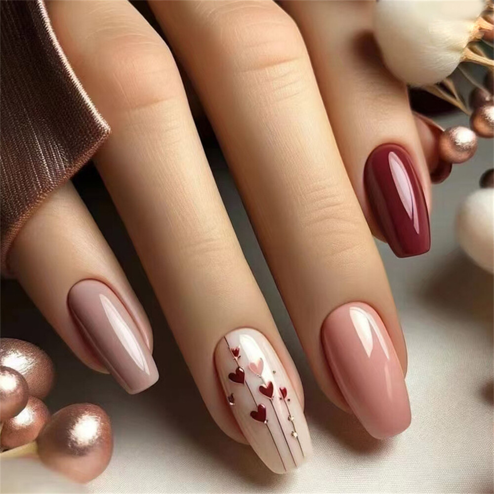 Medium Coffin Press-On False Nail Love Heart Soild Color Glossy Manicure 24pcs