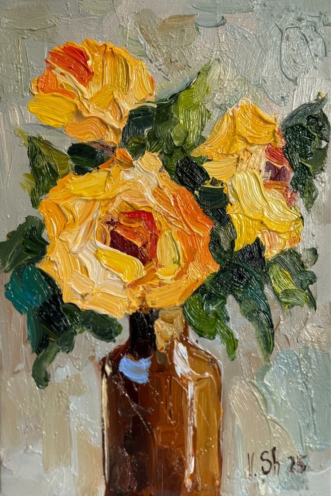 Original Oil Painting Yellow Blooming Roses Flowers Still life Signed Art 5.5x8
