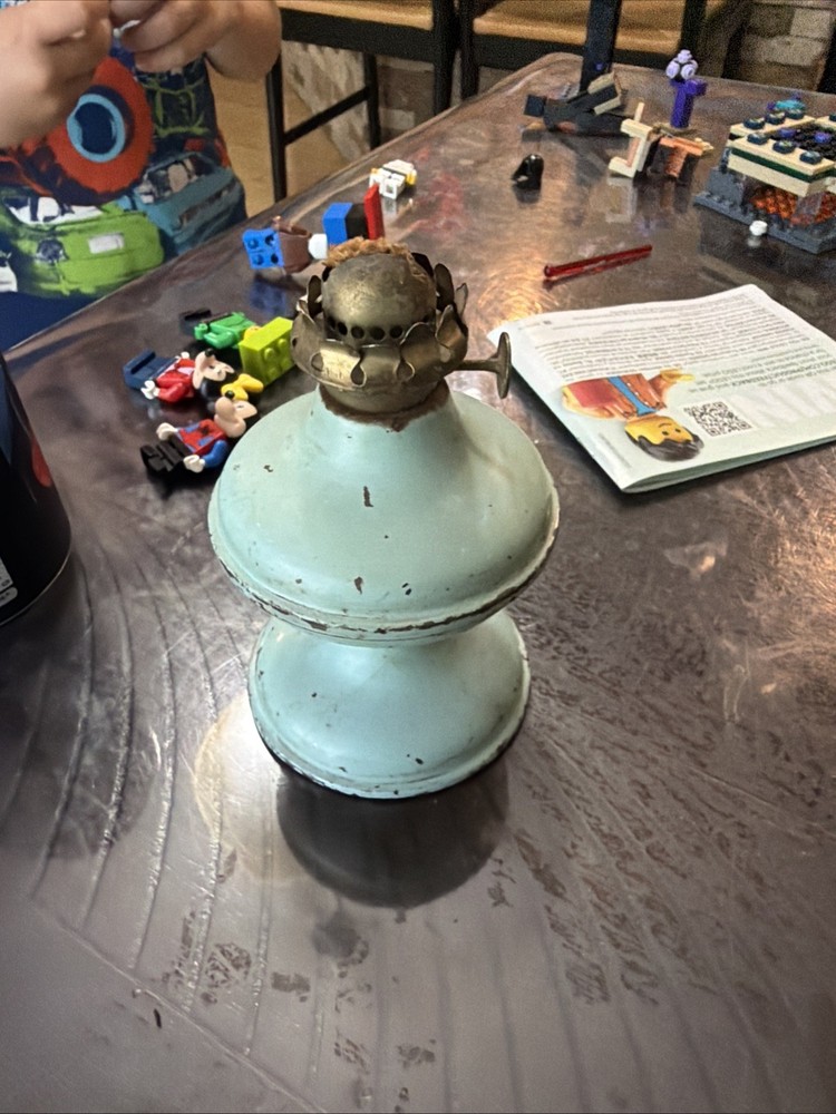 Vintage Acorn P & A Tole Oil Lamp Green Miniature Primitive