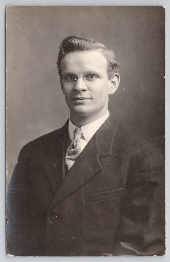 Vintage RPPC Young Man Glasses Suit Tie Studio Portrait Photo Postcard 1910s