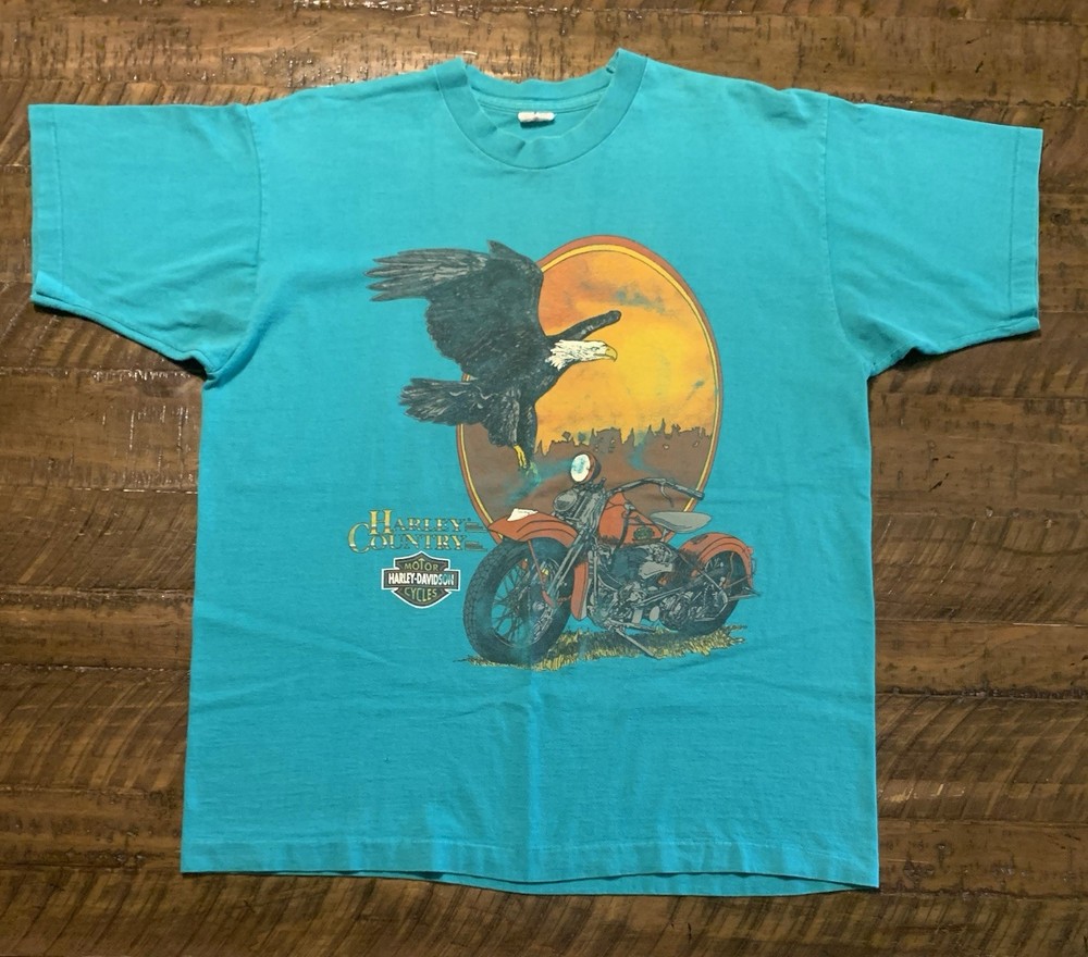 Vintage 90s Harley Davidson Harley Country Eagle Motorcycle T Shirt XL Turquoise