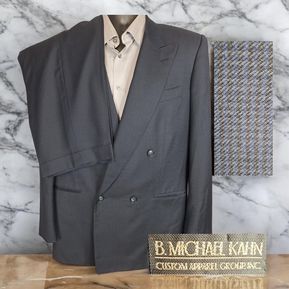 B. Michael Kahn 2 Piece Suit Mens 42L 34X31 Blue Houndstooth Double Breasted