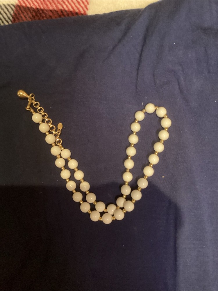 Vintage Monet White Glass Bead Necklace w/ Gold-Tone Spacers & Signed Clasp