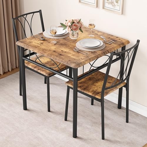 Rustic brown GAOMON small dining table set with 2 metal and wood chairs