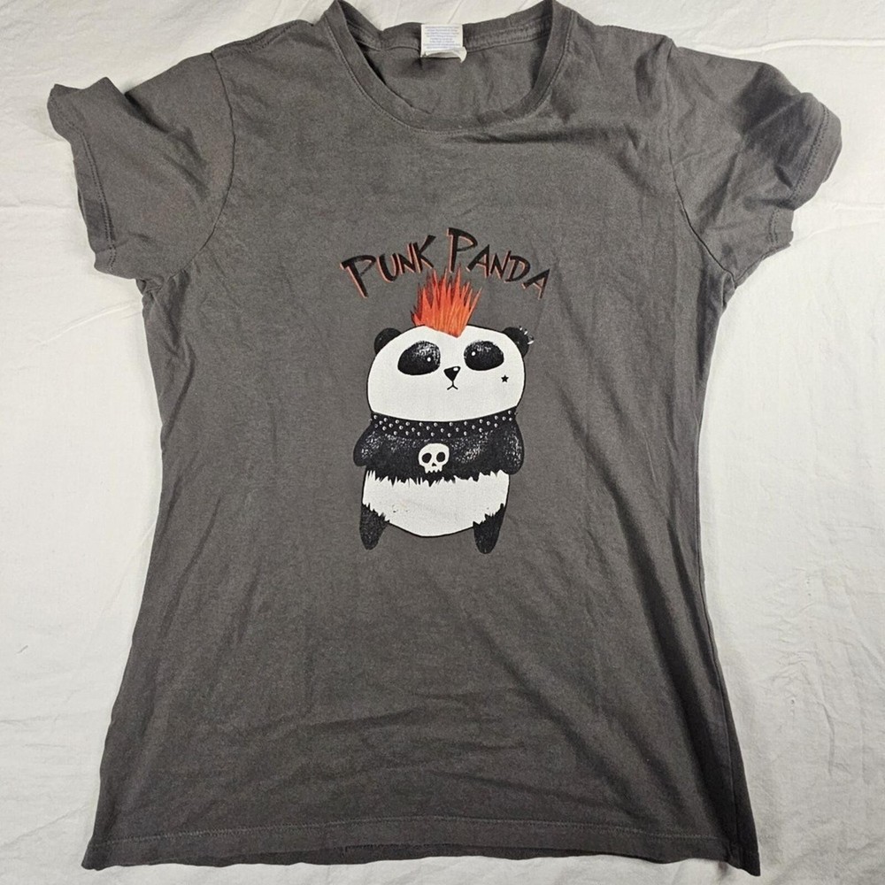 Punk Panda T-Shirt Womens Small Gray Port & Company Rocker Gothic Mohawk Skull