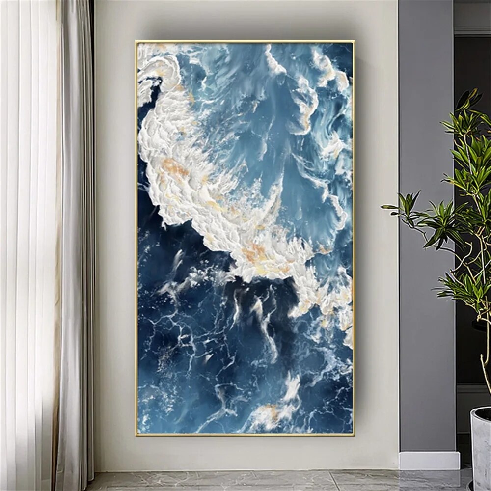 Handmade Modern Blue Nordic Oil Paintings Large Scandinavia Sea Wave View Wall
