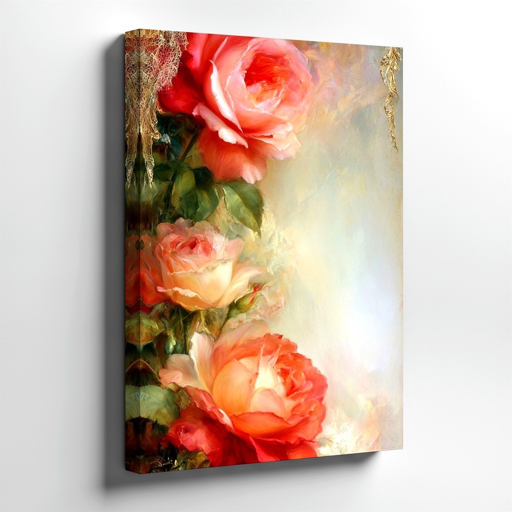 Wall Art Floral Rose Canvas Print Pink Peach Flowers Vintage Romantic Decor