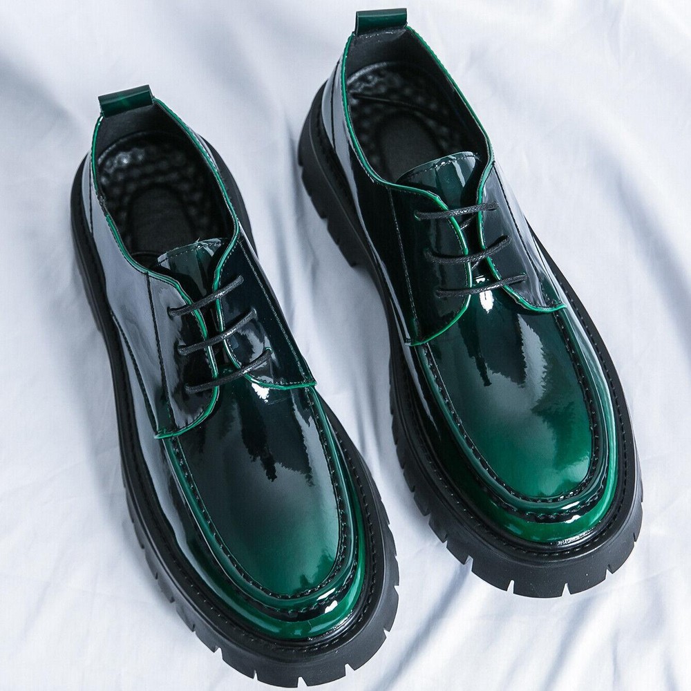 Men's Shiny Lace Up Casual Business Formal Big Round Toe Thick Sole Loafer Shoes