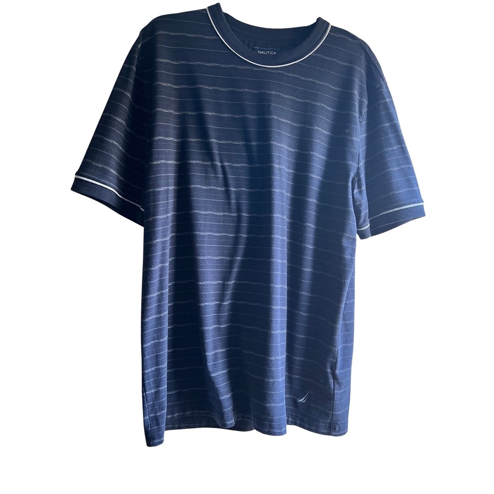 Nautica Mens XL Navy Blue Striped T-Shirt Tipped Crewneck Short Sleeve Logo