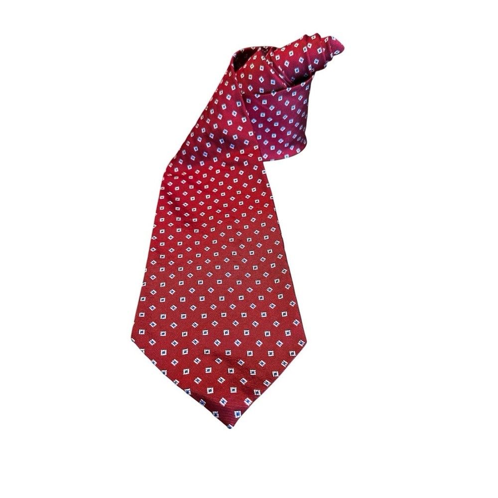 Lauren Ralph Lauren Tie Red Blue & White Geometric 100% Silk Hand Finished
