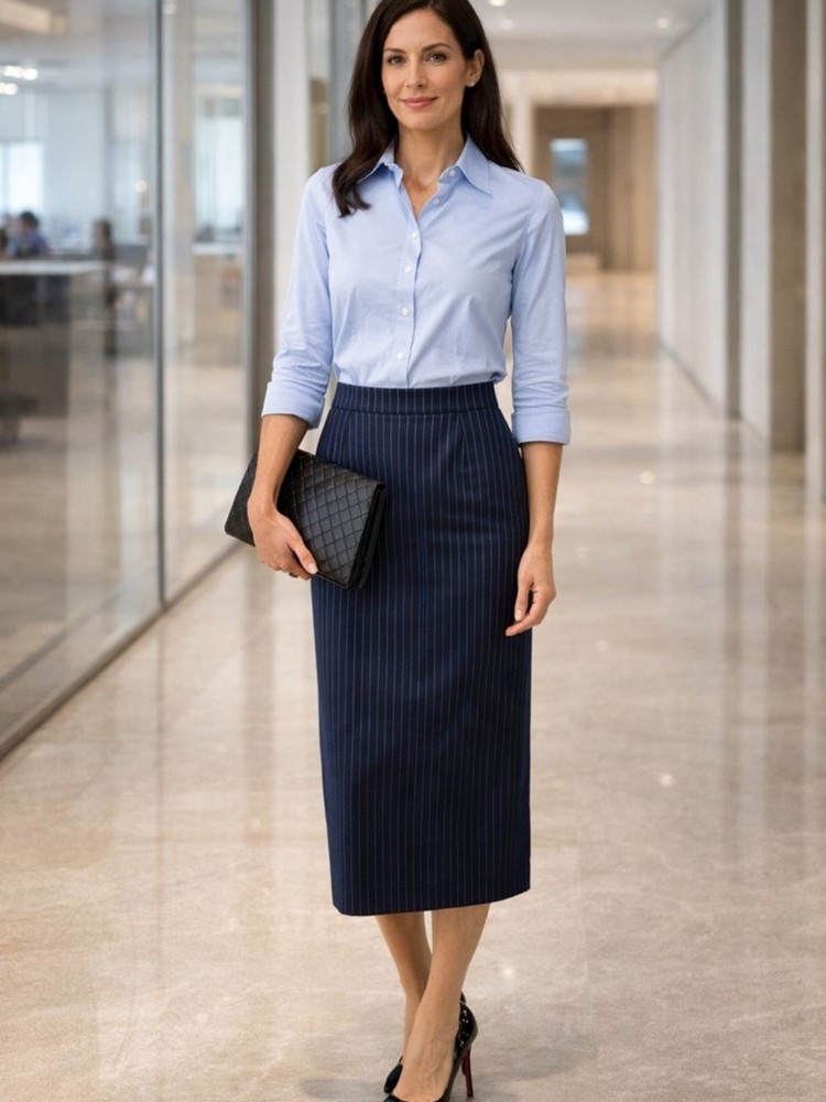 ESCADA Pinstripe Striped Blue Navy Wool Pencil Knee Length Skirt Sz 40