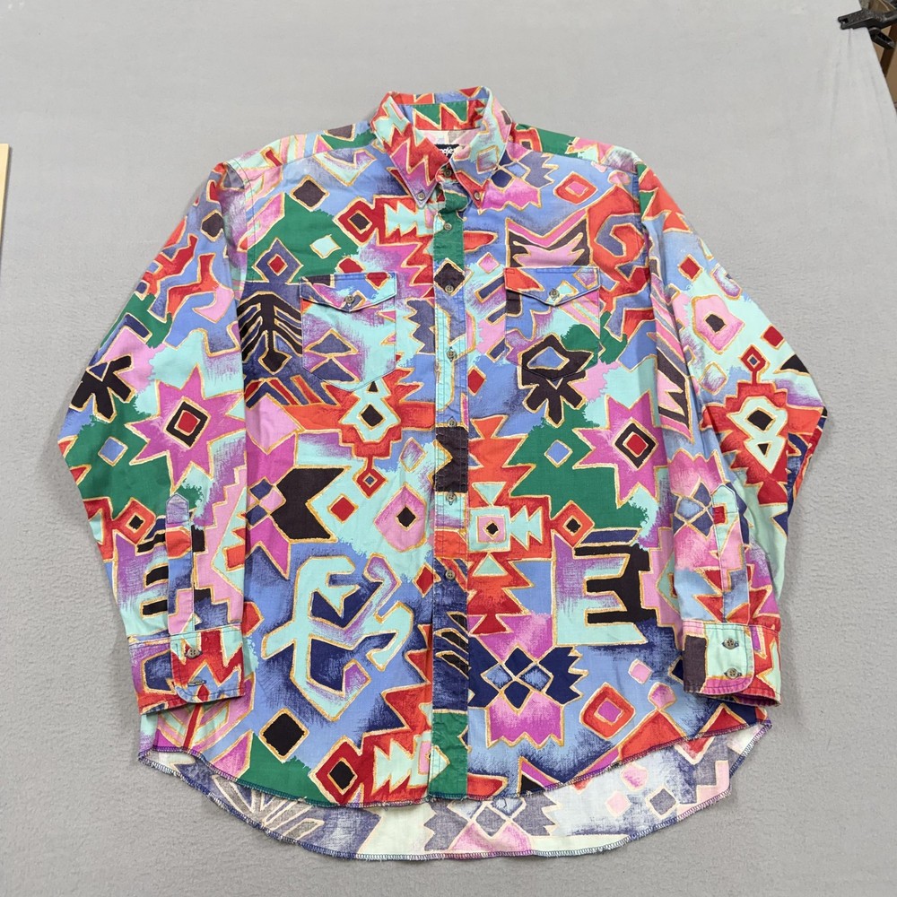 Vintage Wrangler Shirt Mens XL Multicolor Aztec Western Brushpopper USA 90s
