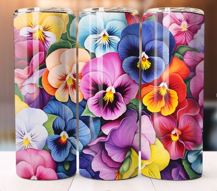 Pansies Mixed 3D Colorful Flowers Tumbler 20oz Skinny Cup Mug Lid w/ Straw
