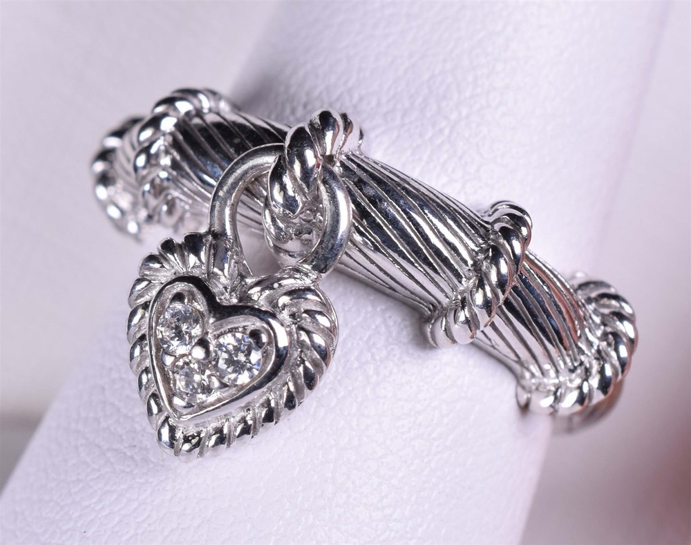 Judith Ripka Sterling Silver CZ Accented Dangling Heart Ring Size 8