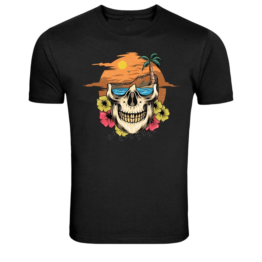 Skull Sunglasses Tropical Island Sunset Graphic T-Shirt