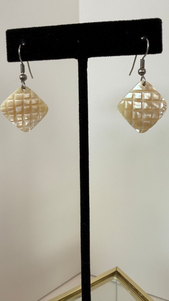 Vintage Mother of Pearl Shell Dangle Earrings Carved Diamond Shape