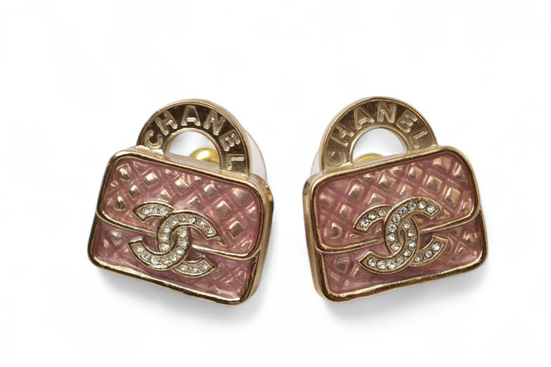 CHANEL Pierce Accessory CC/Bag Motif Rhinestone Rose/Gold B24