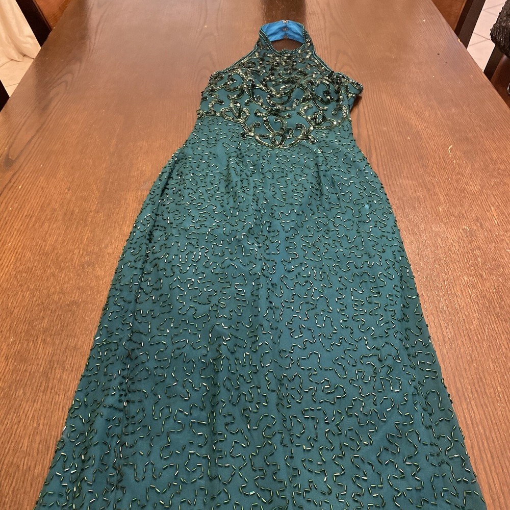 VTG Caché Emerald Green Silk Beaded Gown Size 4