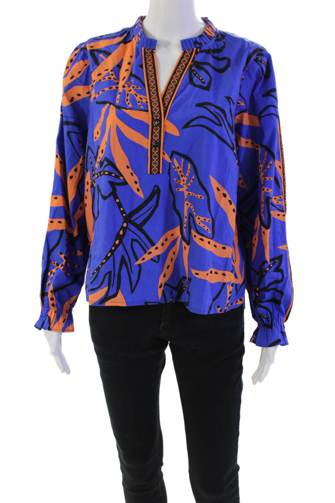 Maude Vivante Womens Cotton Abstract Print Pleated Collar Blouse Blue Size XLFree Shipping in US $100+ Orders | $6.95 Orders Below