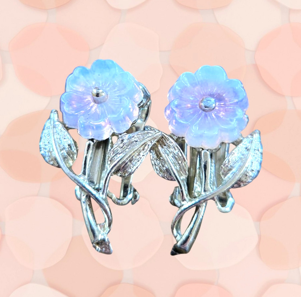 1950s Lucite Flower Earrings Iridescent Mid Century Jewelry Next Day Shipping