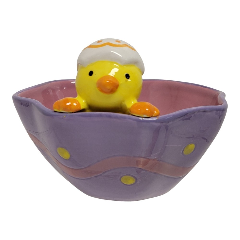 Ceramic Easter Bowl Candy Dish With Little Baby Chick  Purple And Yellow Dish
