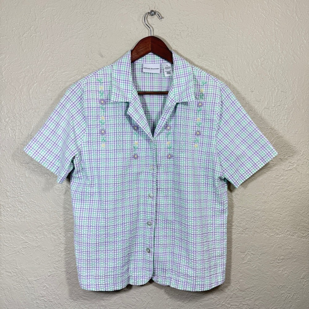 Vtg 90s Cottagecore Blouse 14 Seersucker Gauzy Beaded Embroidery Granny Pastel