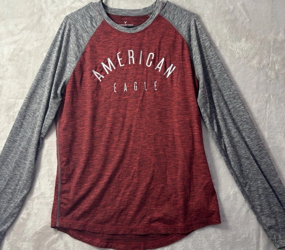 American Eagle 360 Extreme Flex Raglan Long Sleeve Shirt Red Gray Logo Tee Men M