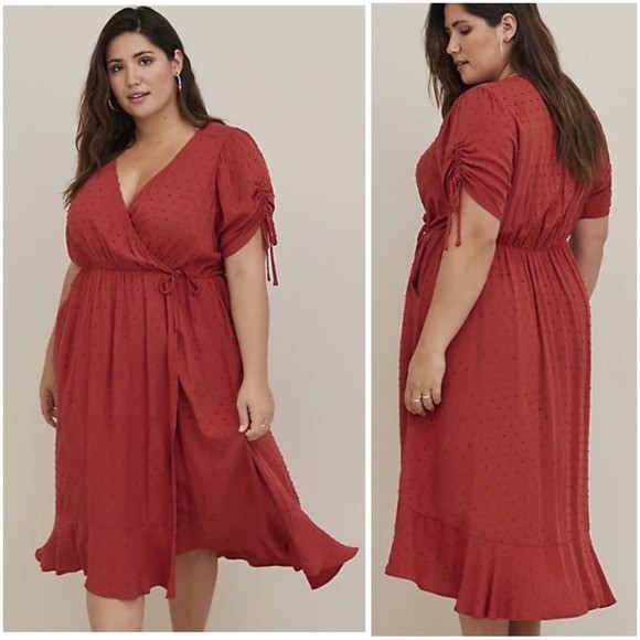 Torrid Women Tandoori Spice Midi Swiss Dot Surplice Tie Sleeve Dress Sz 2X Fall
