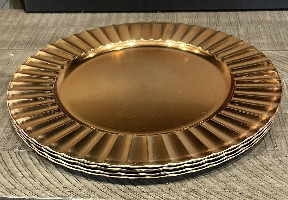 Set Of 4 Bronze Gold Fluted Charger Plates Decorative Elegant Tableware 13”