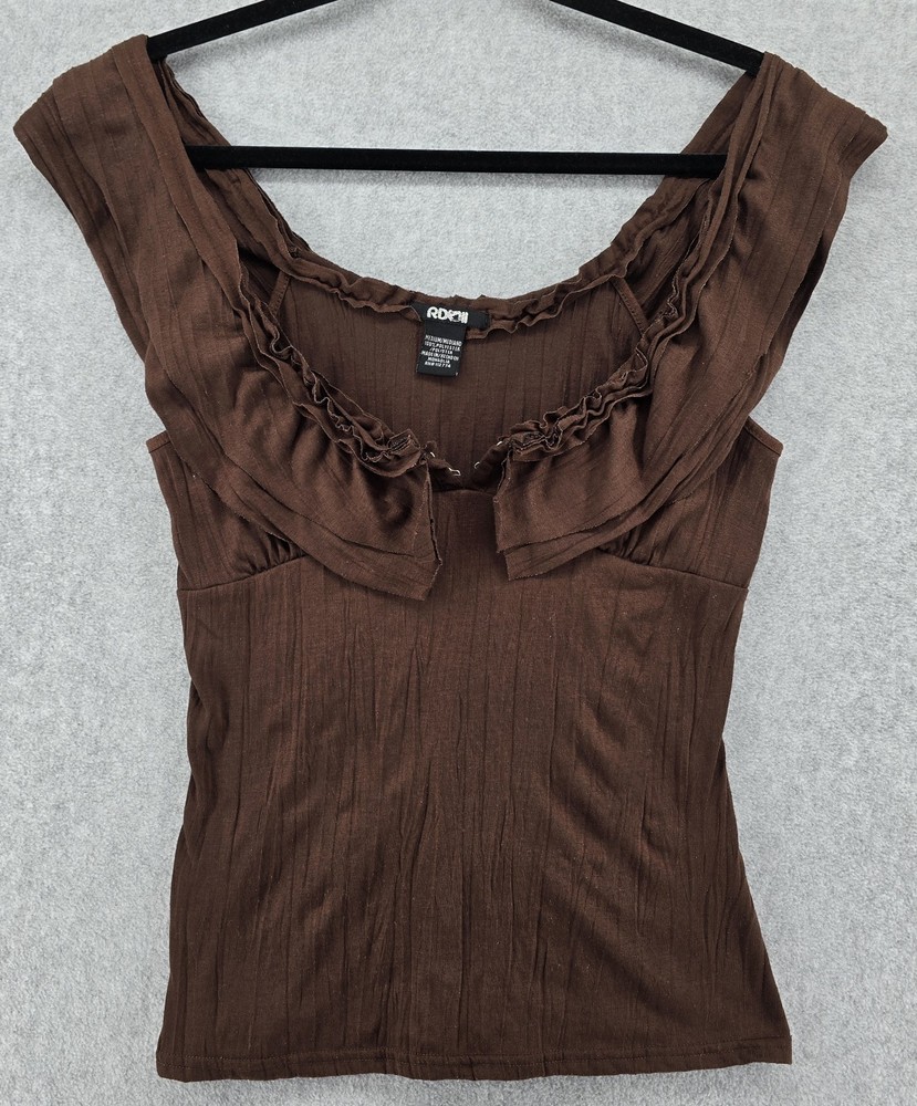 Vtg Y2K Off Shoulder Ruffle Top Women's M Chocolate Brown Fitted Romantic Fairy