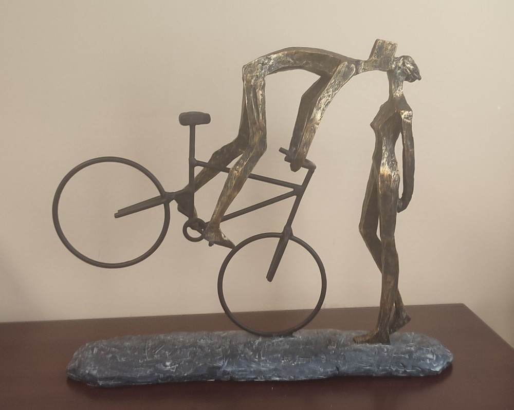 Kissing Cyclist Sculpture Lovers on Bike Engagement Gift -Bronze (broken hand)