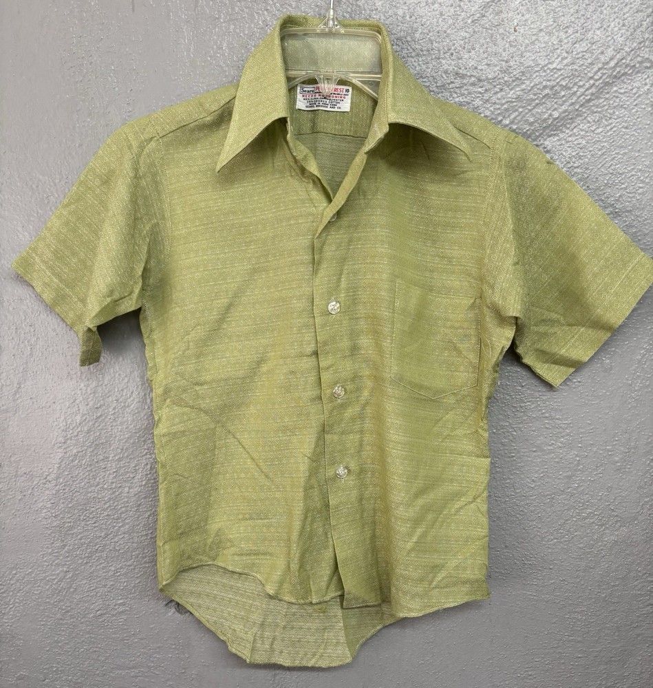 Vintage 60s Sears Perma-Prest Boys Shirt Size 10 short sleeve green pocket
