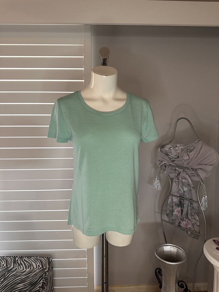 New Woman’s Coconut Creek Seafoam White Striped Hi Lo Short Sleeve Shirt Top M