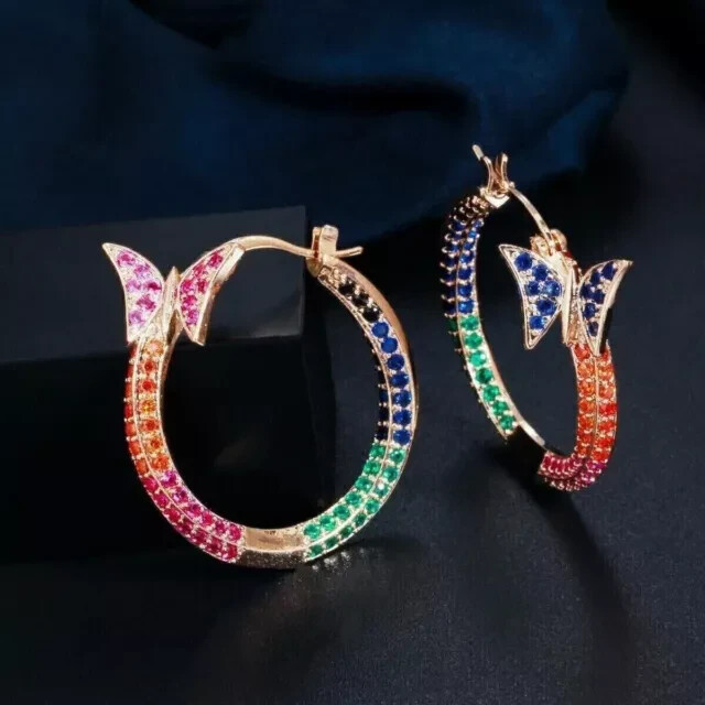 Simulated Multi Sapphire Round Butterfly Hoop Earrings in 14K Rose Gold Plate