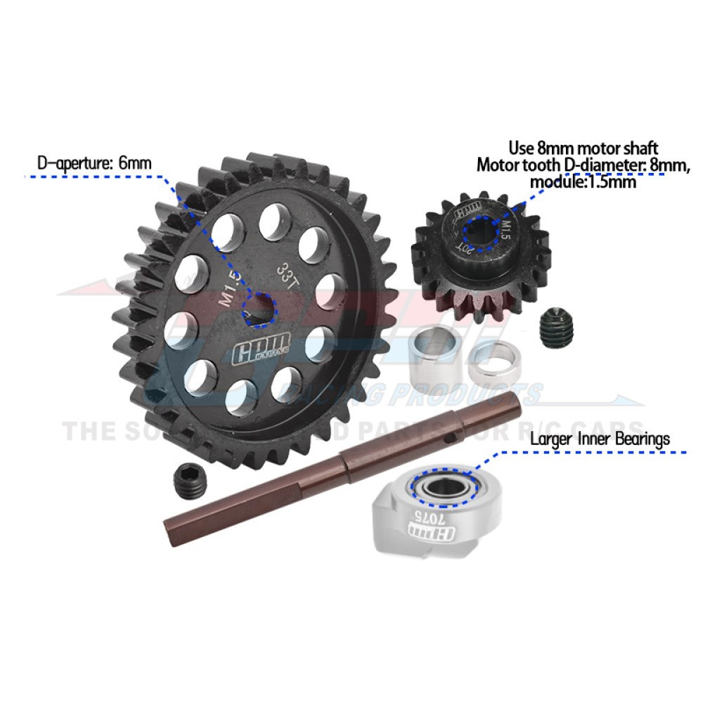 20/33T Spur/Pinion Gear Set MOD 1.5 - 8mm D-Bore (w/ Bearings & Input Shaft)