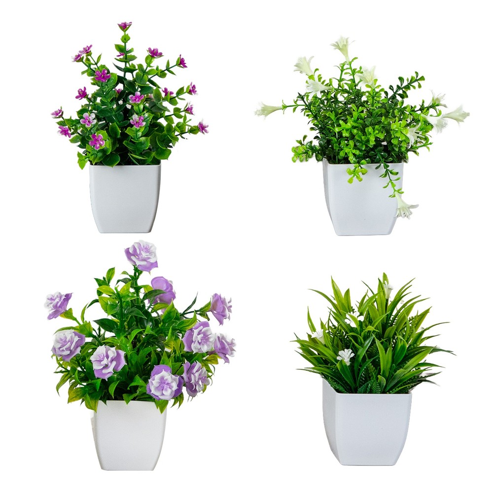 Nearly Natural 7-in Artificial Mini Flowering Potted Plants - Set of 4