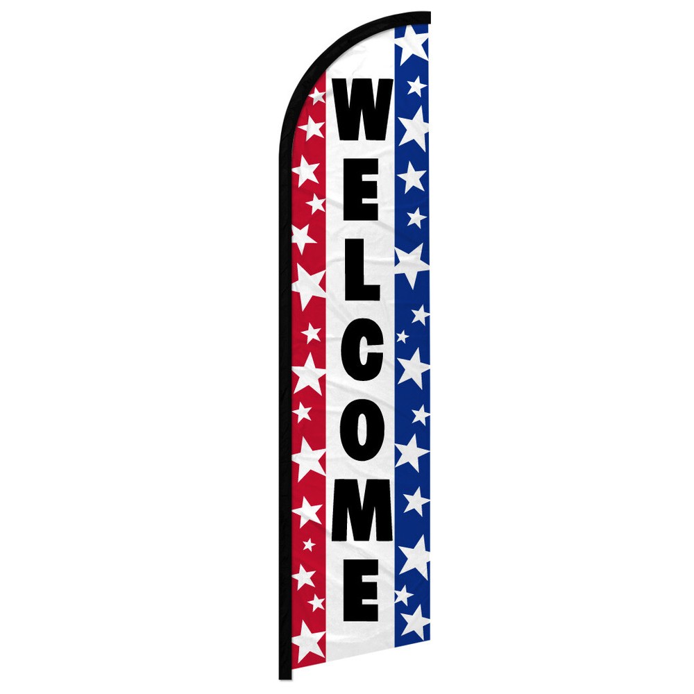 Welcome Full Curve Windless Swooper Flag Open Sign RWB