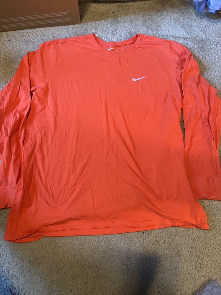 Nike 2XL Long Sleeve T Shirt Bright Orange Embroidered White Logo Athletic Cut