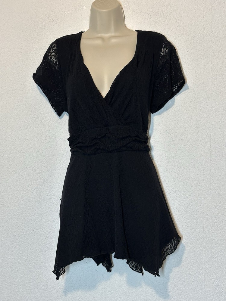Vtg Y2K Black Lace Babydoll Top Hankercheif Hem 18/20 Whimsigoth Dark Romantic