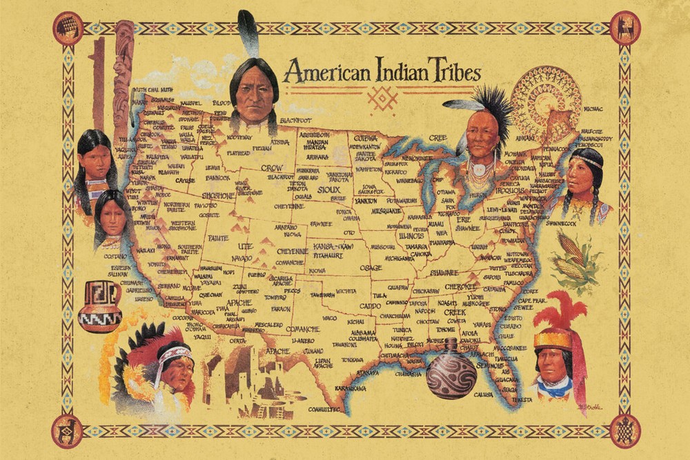 American Indian Tribes At Time Of Columbus Arrival Vintage Map Poster 18x12
