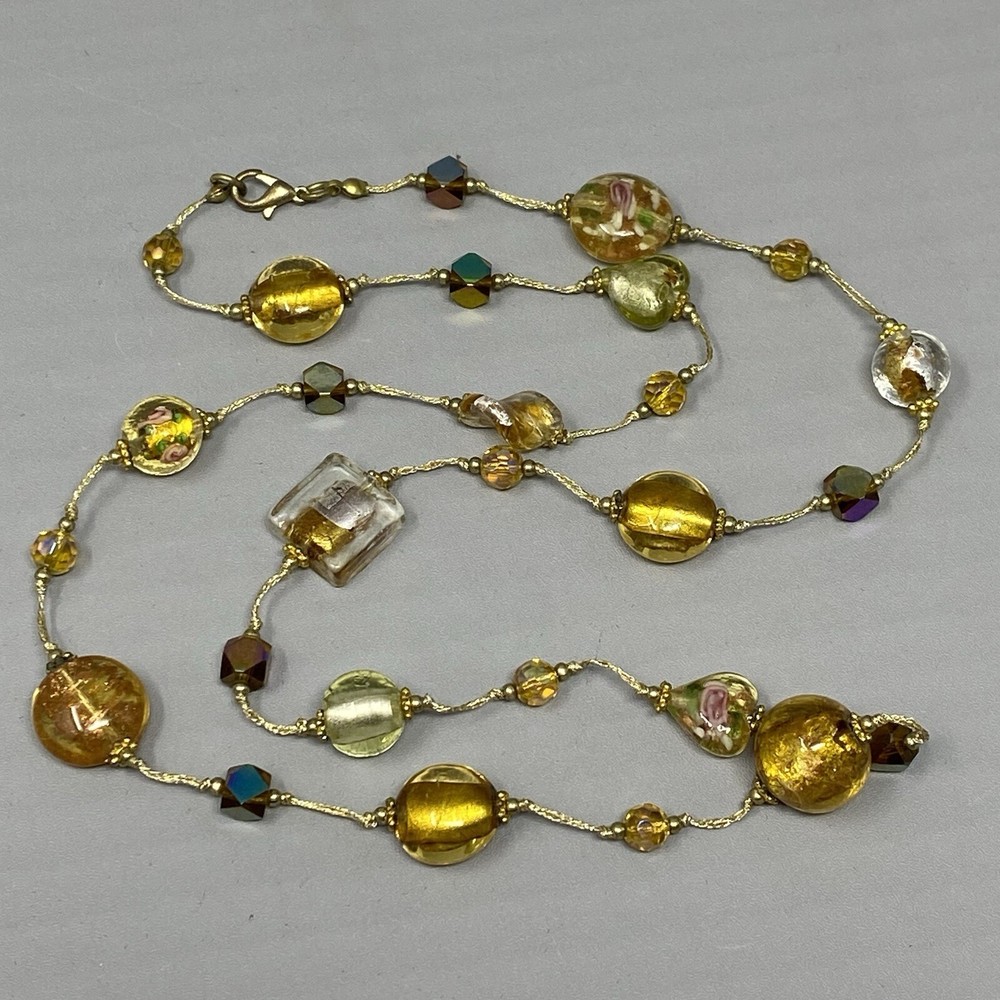 Gold Glass Bead Necklace Station Victorian Rose Heart Fused Cube Station 28
