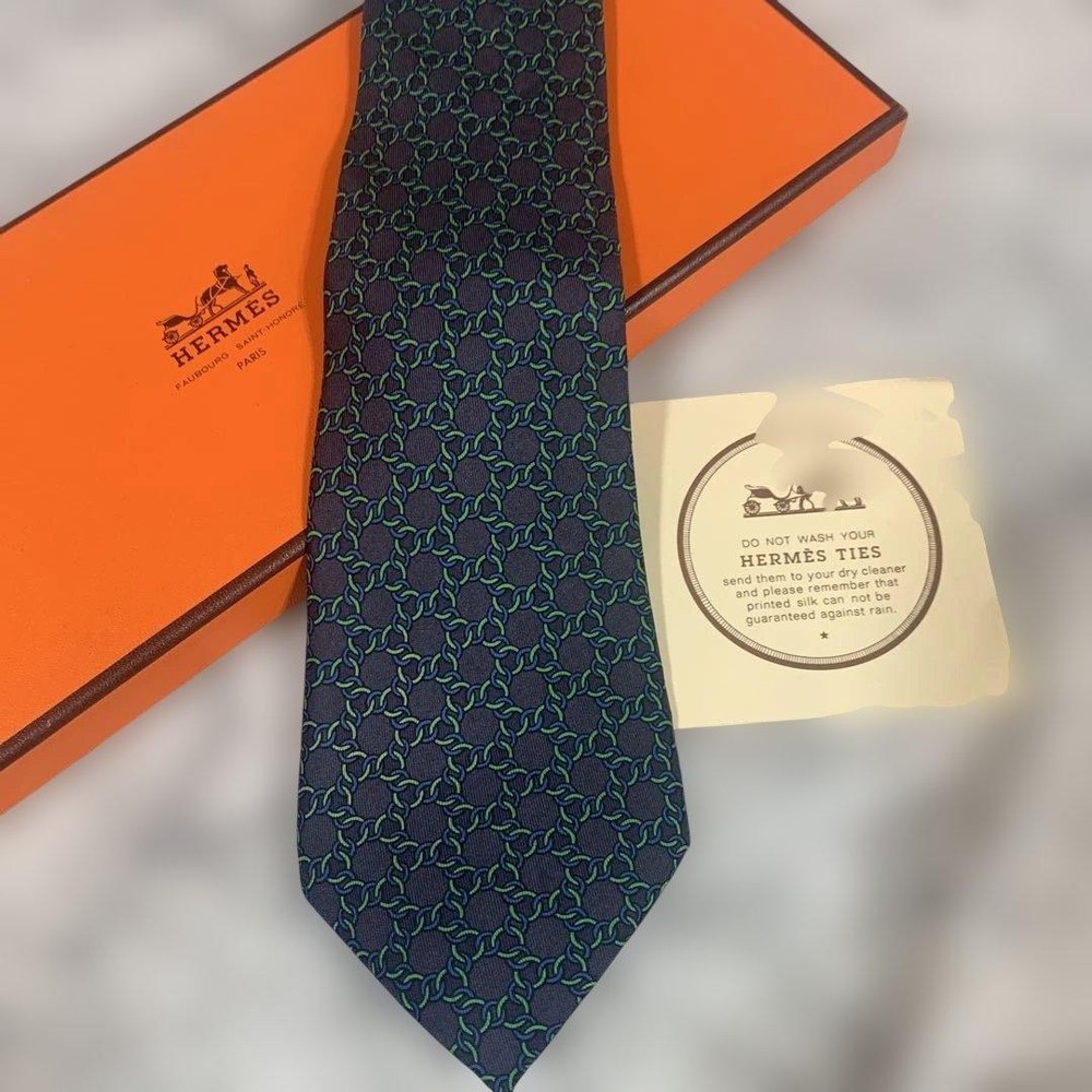 HERMES Necktie Tie Navy Green Geometric Authentic Men's 100% Silk Made in France