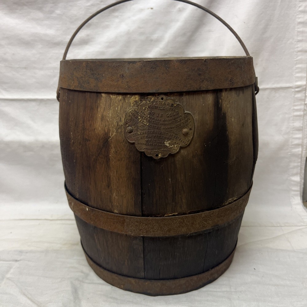 Beymer Bauman Oak Barrel Construction Paint Bucket Brass Tag Label Primitive