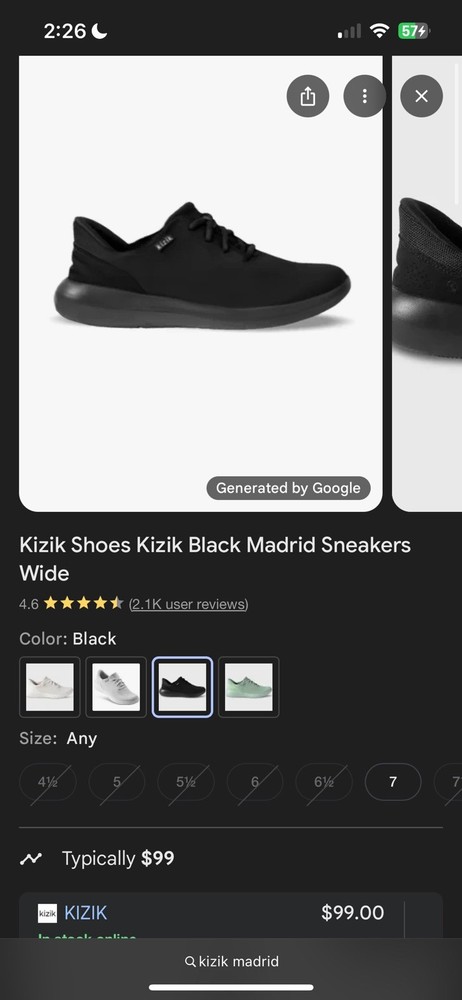 Kizik Madrid Mens Black Sneakers Size 6.5 Slip-On Comfort Shoes